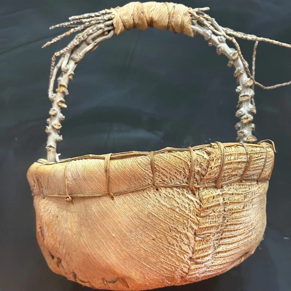 Handmade Natural Leaf Fiber Basket Twig Handle Rustic Primitive Woven Decor